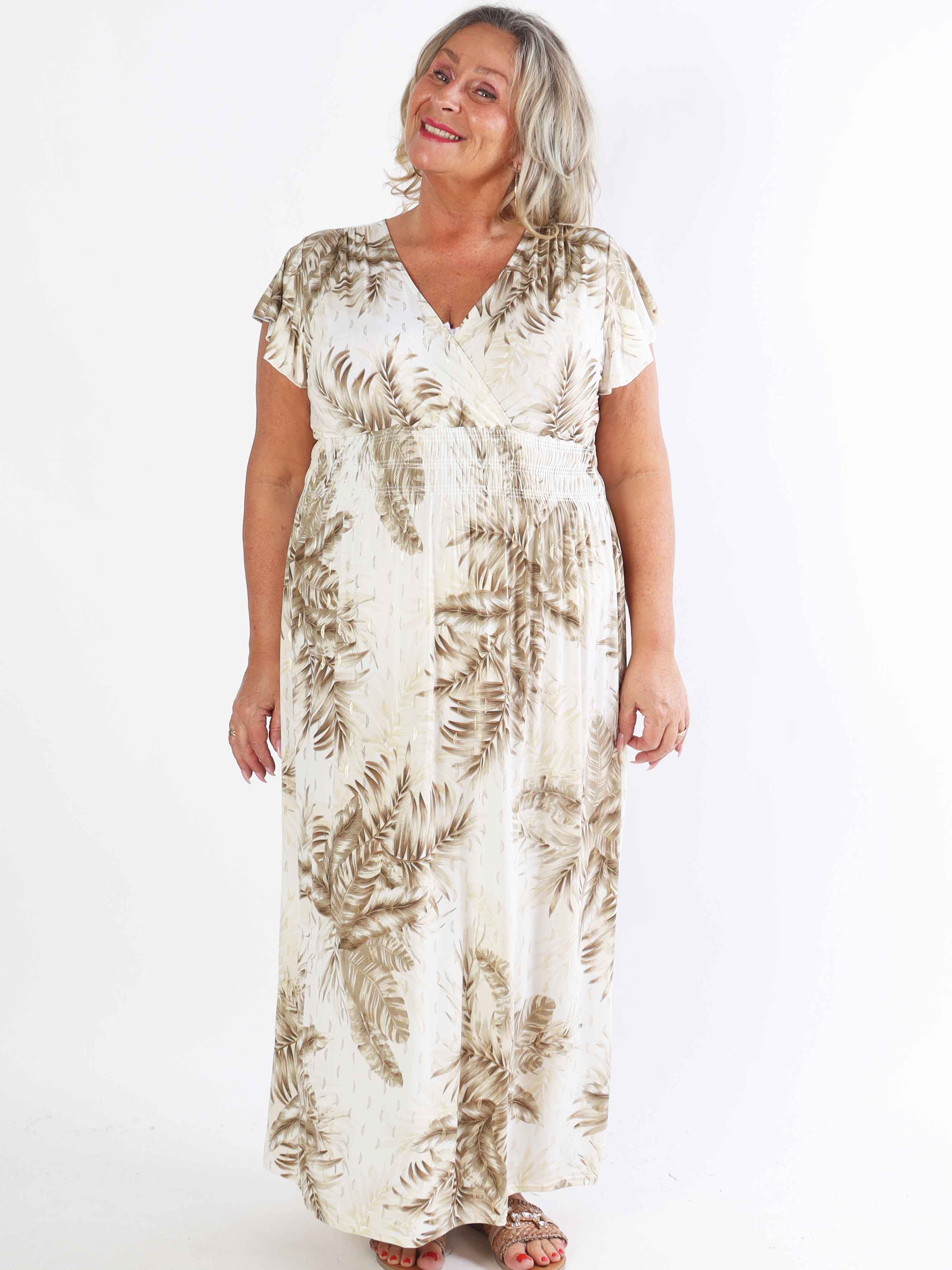 Palma - Plus size elastisk kjole med blade og flæseærmer